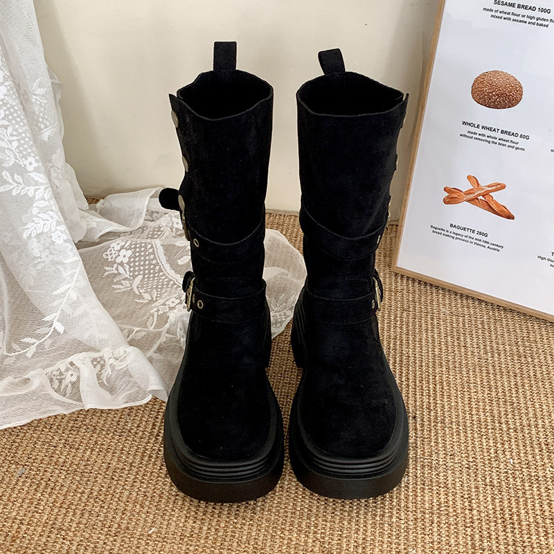 Cizme Martin pentru femei, toc gros 3-5 cm, model coreean, exterior PU, talpă multistrat, vârf rotund