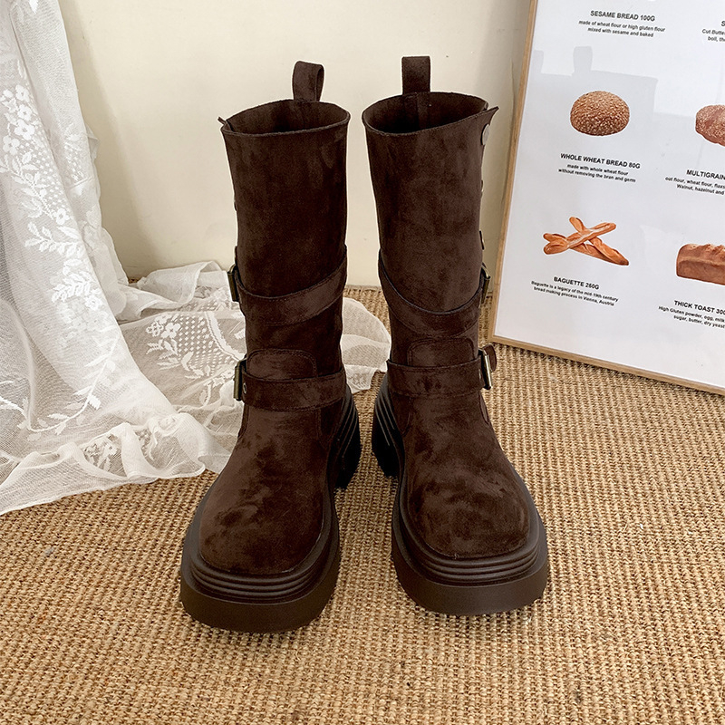 Cizme Martin pentru femei, toc gros 3-5 cm, model coreean, exterior PU, talpă multistrat, vârf rotund