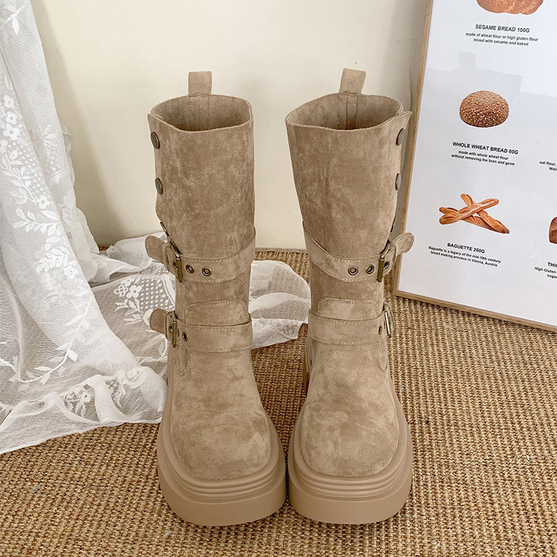 Cizme Martin pentru femei, toc gros 3-5 cm, model coreean, exterior PU, talpă multistrat, vârf rotund