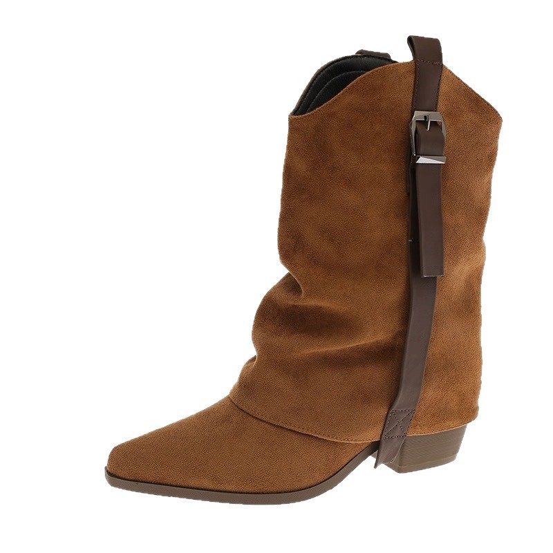 Ženske suede western čizme srednje dužine, s debelim petom 3-5 cm, oštar vrh, gumena potplata