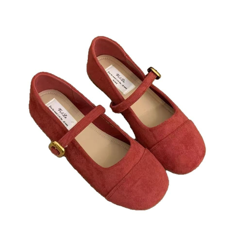 Korejskog stila veluru Mary Jane balerinke s kopčom, niski 1-3 cm blok pete, gumeni potplat.