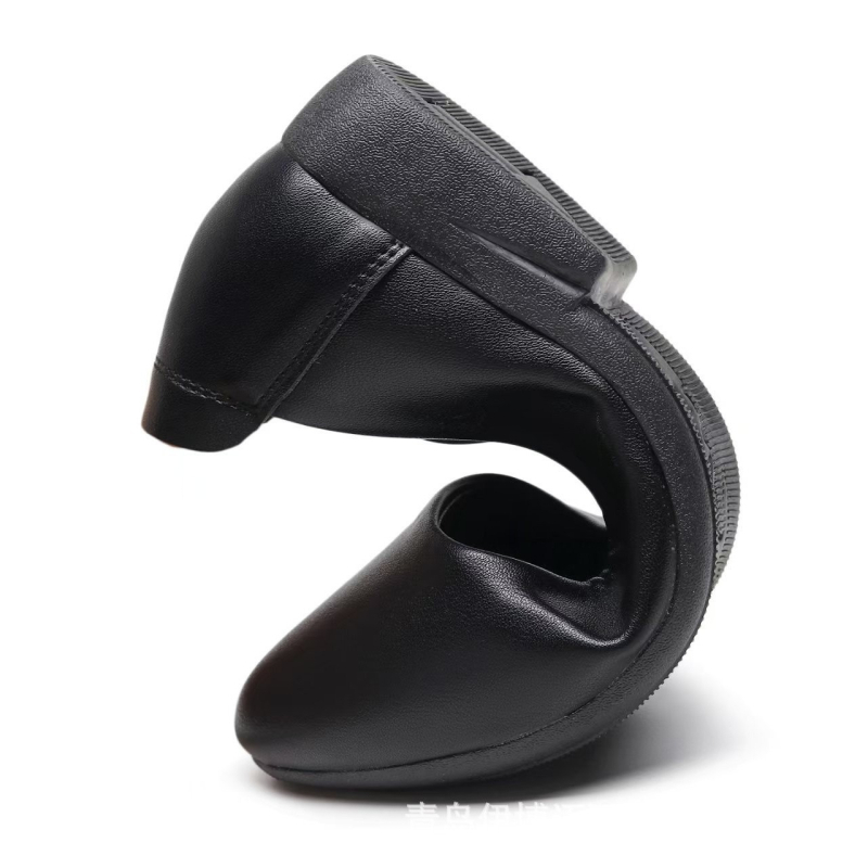 Ženske kožne radne cipele, okrugli vrh, dva sloja teleće kože, niska peta, gumeni đon, slip-on