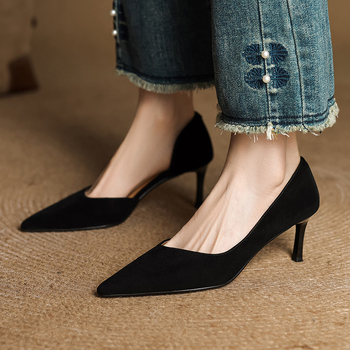 Ženske kožne cipele s oštrim vrhom, slip-on, niski vamp, tanki potpetica 6–8 cm