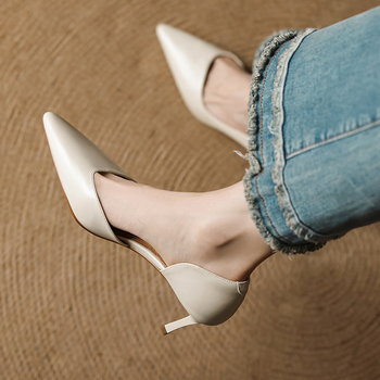 Ženske kožne cipele s oštrim vrhom, slip-on, niski vamp, tanki potpetica 6–8 cm
