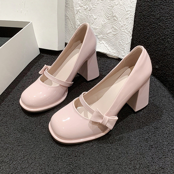 Ženske Mary Jane cipele s debelim petom, okrugli nos, PU gornji dio, slip-on, 6-8 cm