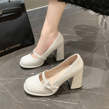 Ženske Mary Jane cipele s debelim petom, okrugli nos, PU gornji dio, slip-on, 6-8 cm