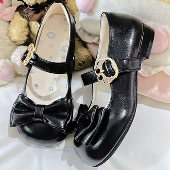 Meow Xiaoyuan Lolita balerinke s mašnicom – okrugli vrh, PU gornji dio, uzorak lubanje, klinasti pet 4–6 cm, kopča