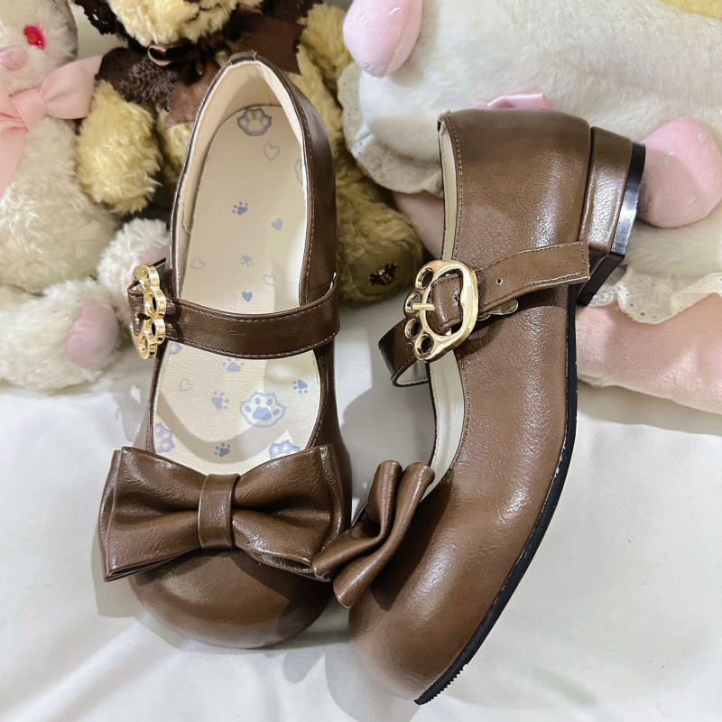 Meow Xiaoyuan Lolita balerinke s mašnicom – okrugli vrh, PU gornji dio, uzorak lubanje, klinasti pet 4–6 cm, kopča