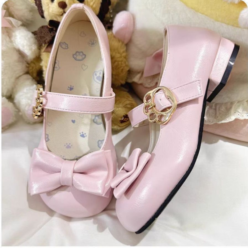 Meow Xiaoyuan Lolita balerinke s mašnicom – okrugli vrh, PU gornji dio, uzorak lubanje, klinasti pet 4–6 cm, kopča