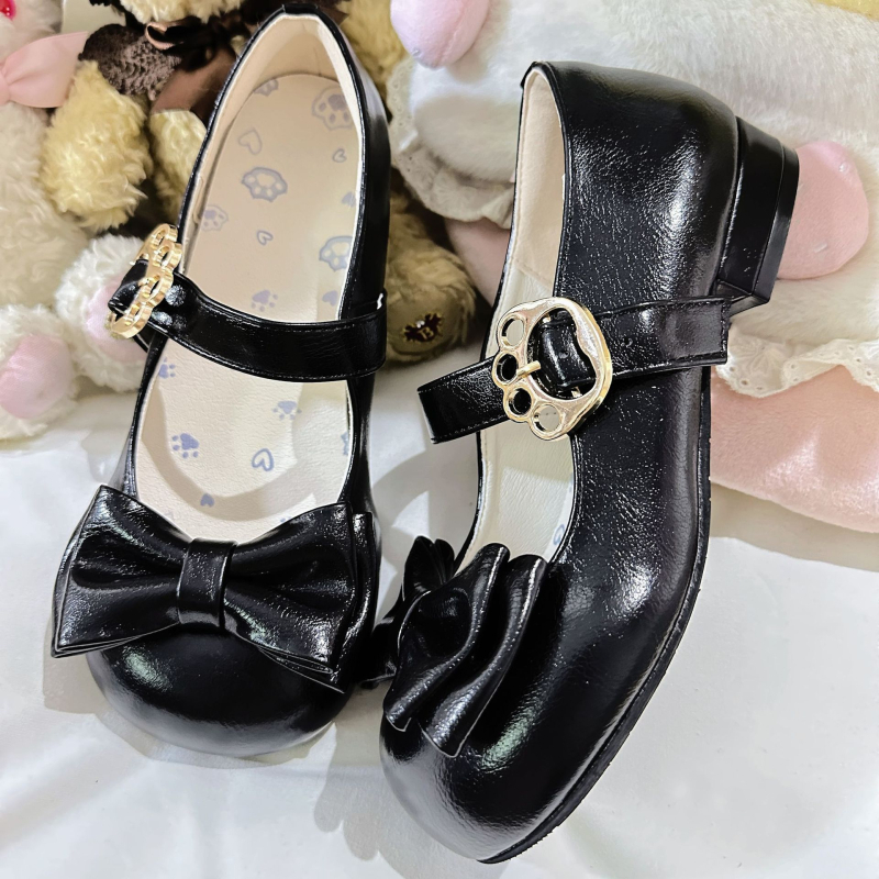 Meow Xiaoyuan Lolita balerinke s mašnicom – okrugli vrh, PU gornji dio, uzorak lubanje, klinasti pet 4–6 cm, kopča