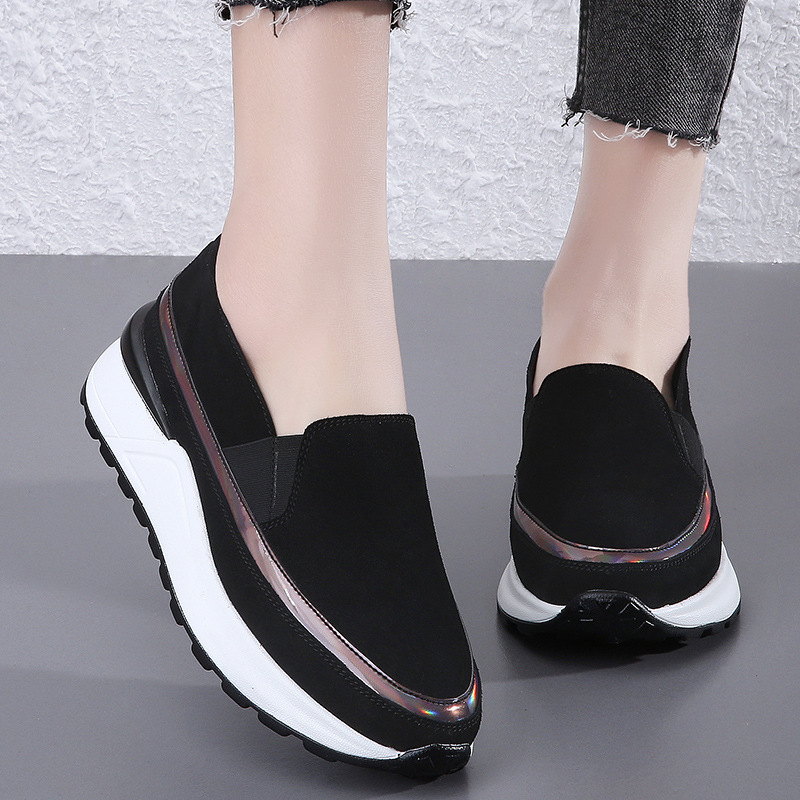 Ženske platforme s debelim potplatom, slip-on, gornji dio od kože krave, okrugli vrh