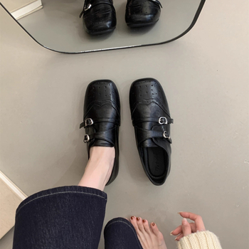 Doudou ženske cipele - Retro stil, četvrtasti vrh, debeli potplat, niski potplat, gumeni potplat, gornji materijal: super vlakno, uložak PU, slip-on