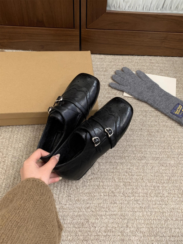 Doudou ženske cipele - Retro stil, četvrtasti vrh, debeli potplat, niski potplat, gumeni potplat, gornji materijal: super vlakno, uložak PU, slip-on