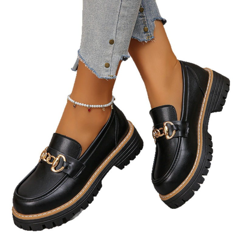 Ženske loafers s okruglim nosom, gornji materijal umjetni PU, srednji peta 3–5 cm, gumeni potplat