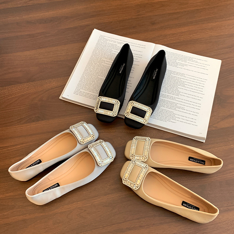 Ženske plosne cipele s četvrtastim vrhom, satenski gornji dio, gumeni potplat, niski pet, korejski stil