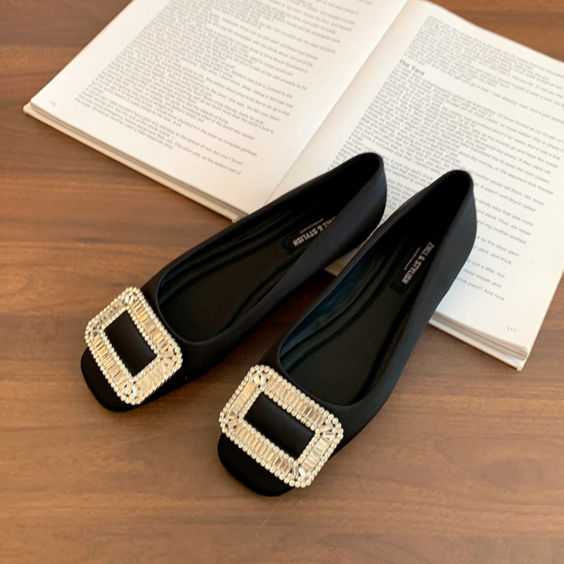 Ženske plosne cipele s četvrtastim vrhom, satenski gornji dio, gumeni potplat, niski pet, korejski stil