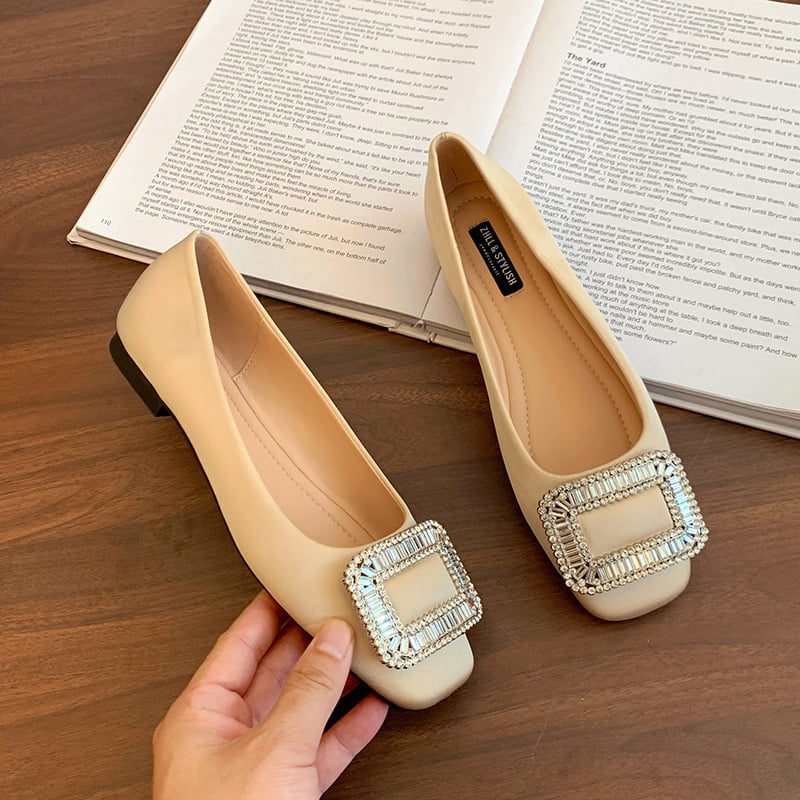 Ženske plosne cipele s četvrtastim vrhom, satenski gornji dio, gumeni potplat, niski pet, korejski stil