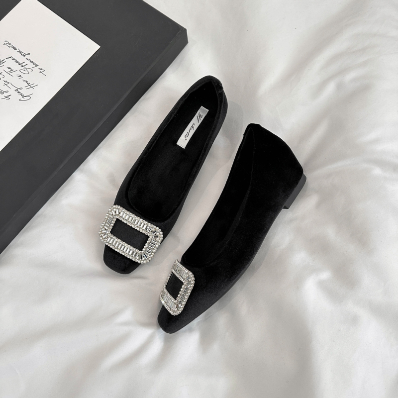 Mary Jane cipele za žene, s povećanjem visine od 5 cm, rhinestones kvadratni kopčom, velur gornji dio, kvadratni vrh, srednje visina peta 3–5 cm