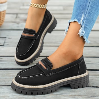 Loafers s okruglim vrhom, PU gornji dio, bez vezanja, debela gumena potplat, visina peta 3–5 cm