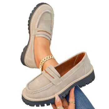 Loafers s okruglim vrhom, PU gornji dio, bez vezanja, debela gumena potplat, visina peta 3–5 cm