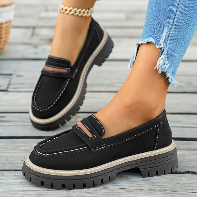 Loafers s okruglim vrhom, PU gornji dio, bez vezanja, debela gumena potplat, visina peta 3–5 cm