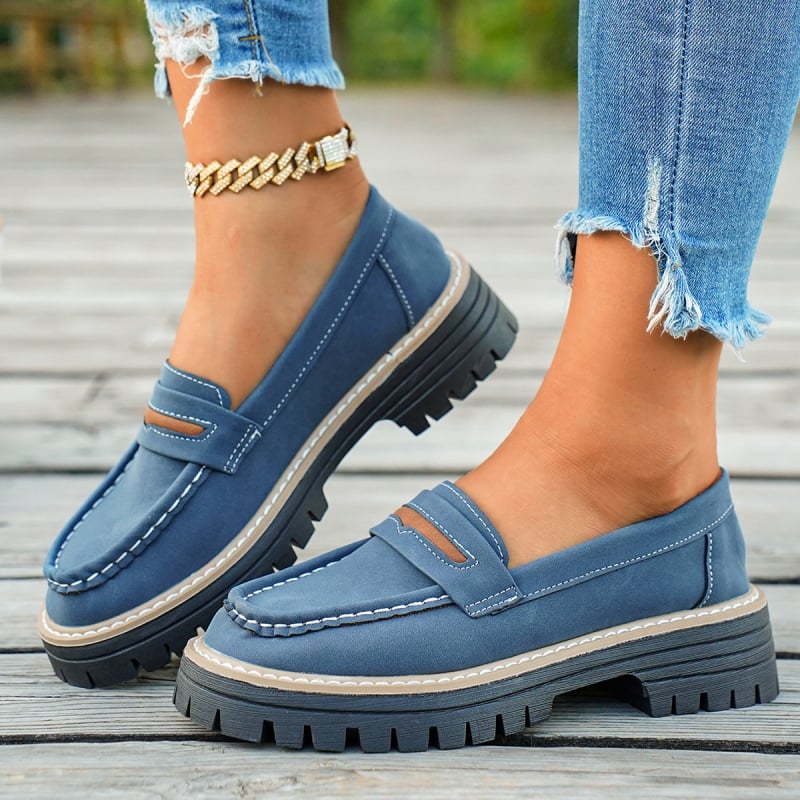 Loafers s okruglim vrhom, PU gornji dio, bez vezanja, debela gumena potplat, visina peta 3–5 cm