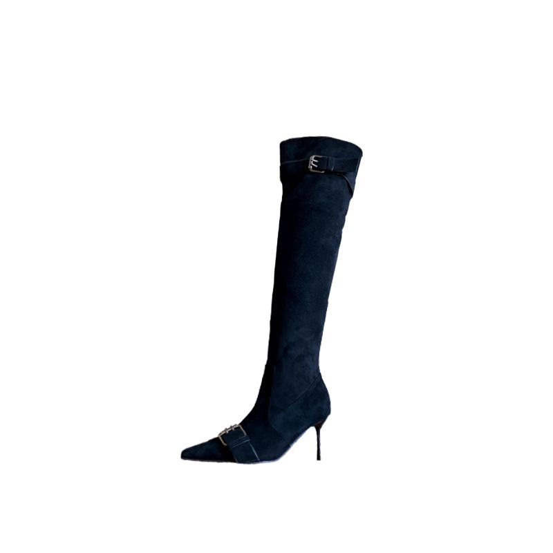 Ženske čizme s špicastim vrhom, velur gornji dio, tanki štikle preko 8 cm, PU podstava