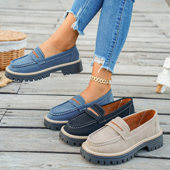 Loafers pre dospelých, okrúhla špička, PU vrchná časť, hrubá gumová podrážka, nízky vrch, vintage štýl na každodenné nosenie