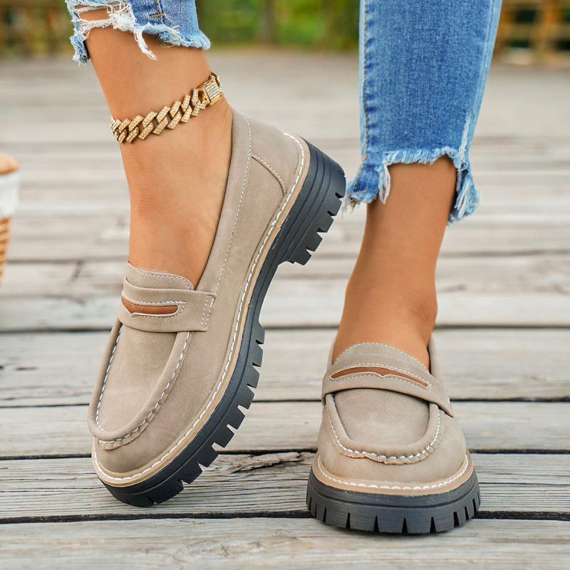 Loafers pre dospelých, okrúhla špička, PU vrchná časť, hrubá gumová podrážka, nízky vrch, vintage štýl na každodenné nosenie