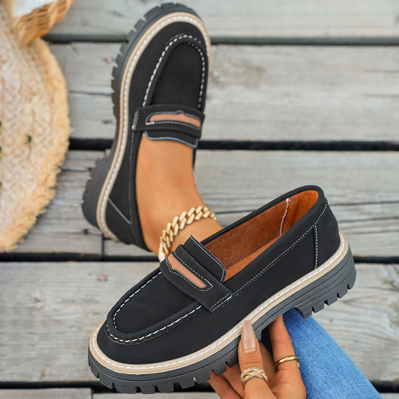 Loafers pre dospelých, okrúhla špička, PU vrchná časť, hrubá gumová podrážka, nízky vrch, vintage štýl na každodenné nosenie