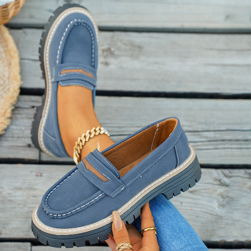 Loafers pre dospelých, okrúhla špička, PU vrchná časť, hrubá gumová podrážka, nízky vrch, vintage štýl na každodenné nosenie