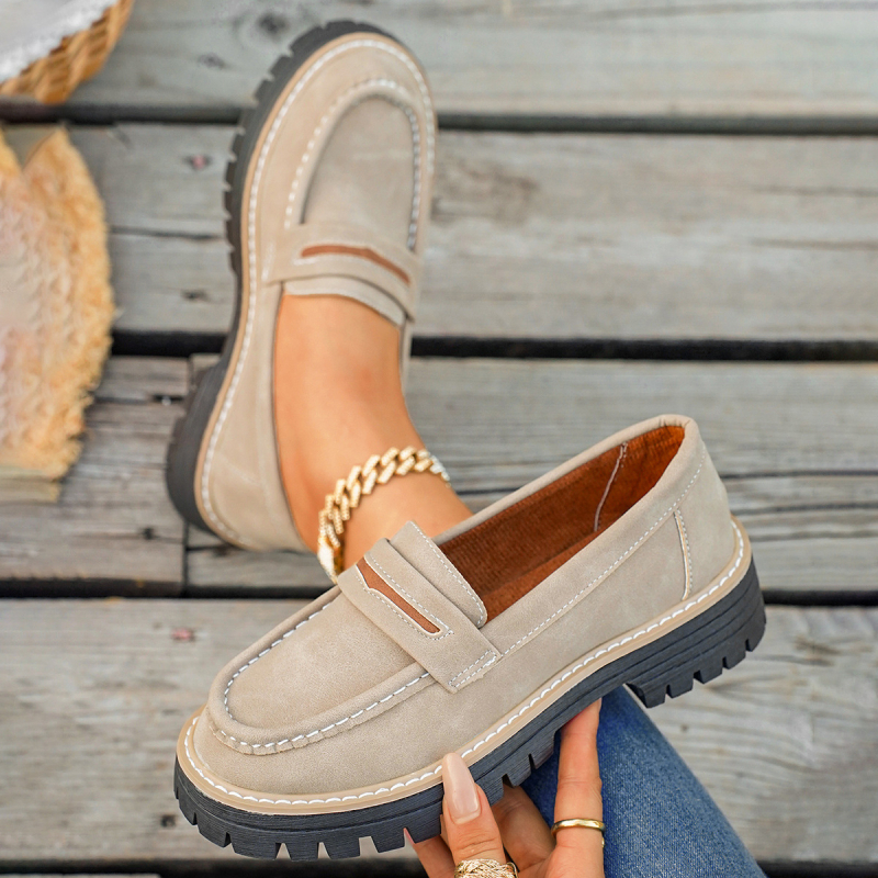 Loafers pre dospelých, okrúhla špička, PU vrchná časť, hrubá gumová podrážka, nízky vrch, vintage štýl na každodenné nosenie