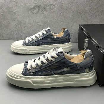 Pantofi sport pentru bărbați din denim, respirabili, de talie joasă, șireturi, talpă vulcanizată