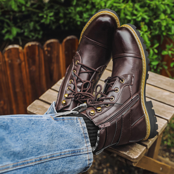 Cizme Knight pentru bărbați, cu fermoar lateral, partea superioară PU, talpă din tendon de vițel, gambă medie, vârf rotund