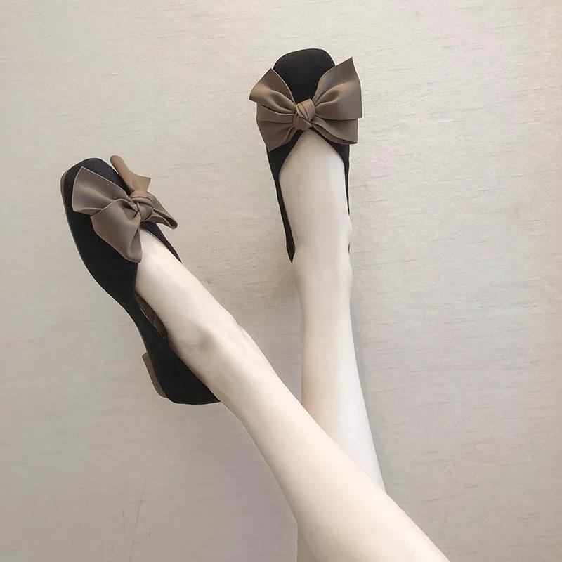 Pantofi Mary Jane flats fără toc, cu fundă, talpă moale, vârf pătrat, slip-on, toc jos 1-3 cm