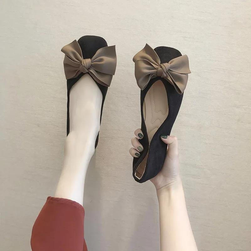 Pantofi Mary Jane flats fără toc, cu fundă, talpă moale, vârf pătrat, slip-on, toc jos 1-3 cm