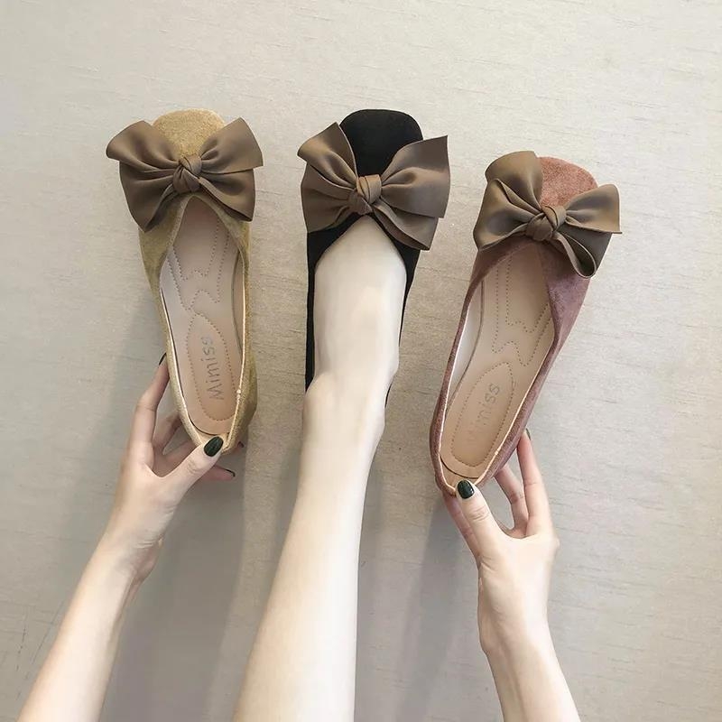 Pantofi Mary Jane flats fără toc, cu fundă, talpă moale, vârf pătrat, slip-on, toc jos 1-3 cm