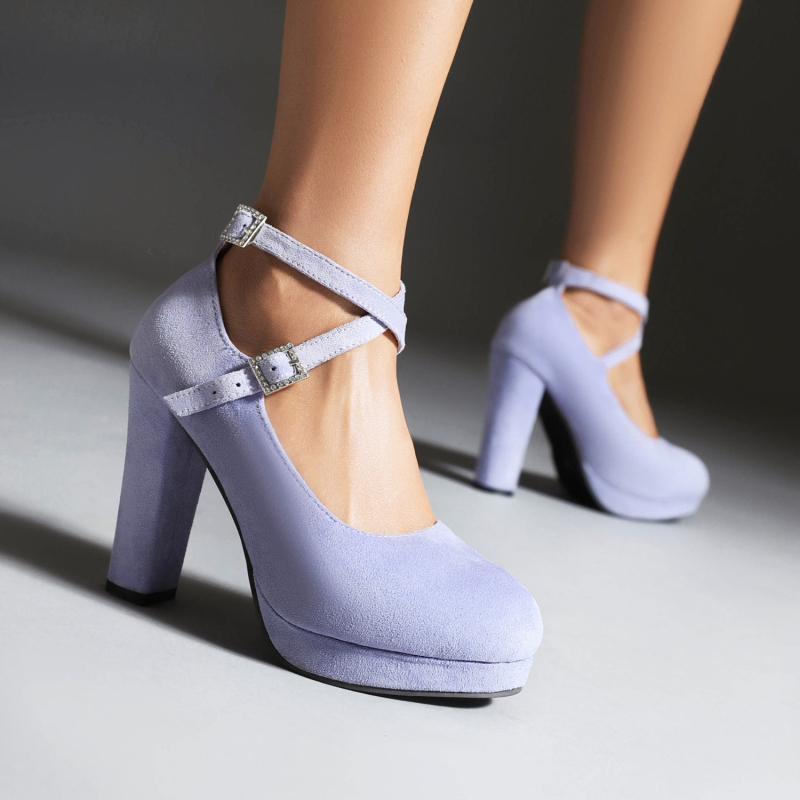 Pantofi damă din velur cu curea și cataramă, vârf rotund, toc mic și gros, talpă din cauciuc