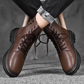 Cizme din piele, partea superioară din frosted ox-velvet, talpă din cauciuc, vârf rotund, toc mic de 1–3 cm, impermeabile