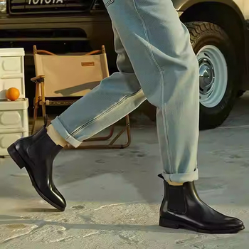 Chelsea μποτάκια από γνήσιο δέρμα, σόλα από καουτσούκ, στρογγυλή μύτη, χαμηλό ύψος