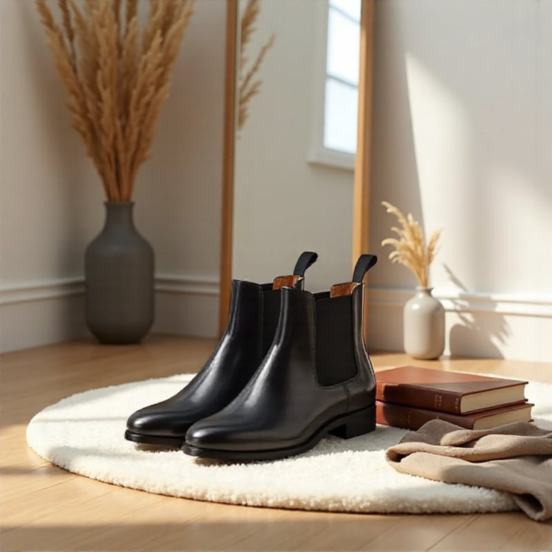 Chelsea μποτάκια από γνήσιο δέρμα, σόλα από καουτσούκ, στρογγυλή μύτη, χαμηλό ύψος