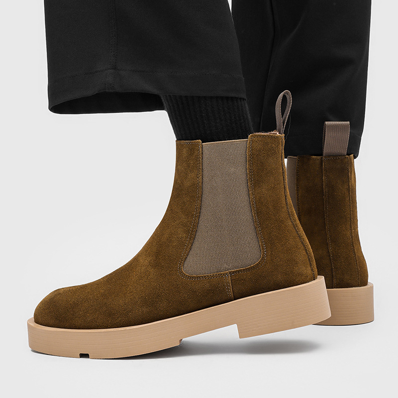 Férfi velúr Chelsea csizmák vastag talppal, csúszásmentes gumitalp, alacsony sarok 1–3 cm, belső hálós bélés, modell 66618, brit stílus, őszi viselet