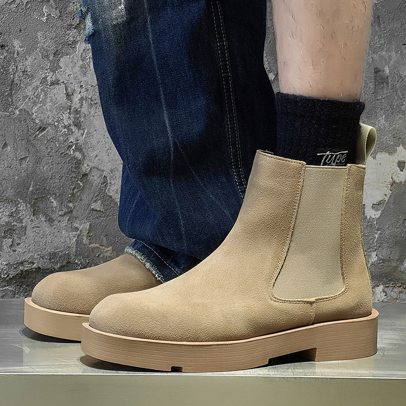 Férfi velúr Chelsea csizmák vastag talppal, csúszásmentes gumitalp, alacsony sarok 1–3 cm, belső hálós bélés, modell 66618, brit stílus, őszi viselet