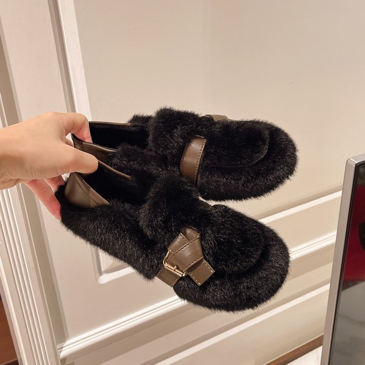 Női szőrös slip-on Mary Jane cipő, őszi 2025 modell, kétoldalas viselés, pamut bélés, gumírozott talp, alacsony felső rész