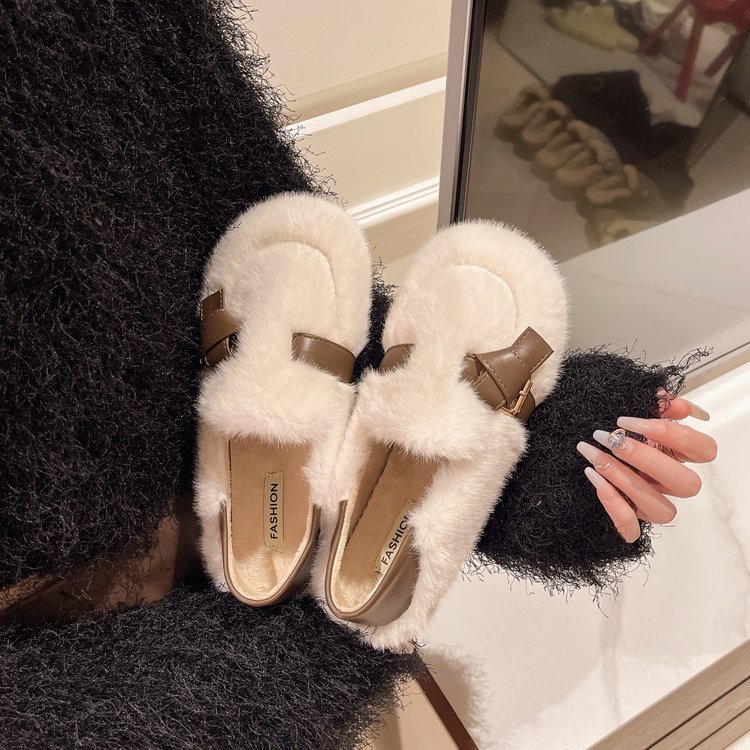 Női szőrös slip-on Mary Jane cipő, őszi 2025 modell, kétoldalas viselés, pamut bélés, gumírozott talp, alacsony felső rész