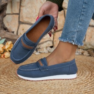 Ženske casual slip-on loafers bez vezica, okrugli vrh, gornji dio od denima, ravna peta 1–3 cm, gumeni potplat