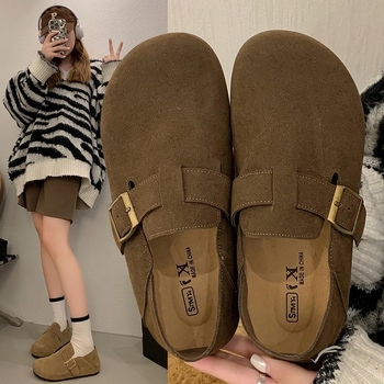 Ženske Slip-On ravne cipele - nubuk gornji dio, zaobljena nosnica, niski pet, PU ulošak, gumeni potplat