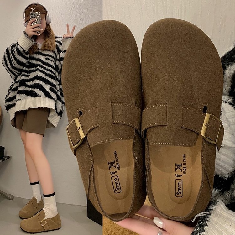 Ženske Slip-On ravne cipele - nubuk gornji dio, zaobljena nosnica, niski pet, PU ulošak, gumeni potplat