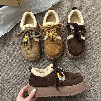 Loafers din piele pentru femei, căptușiți cu fleece, pentru iarnă, talie joasă, vârf rotund, toc de 3-5 cm