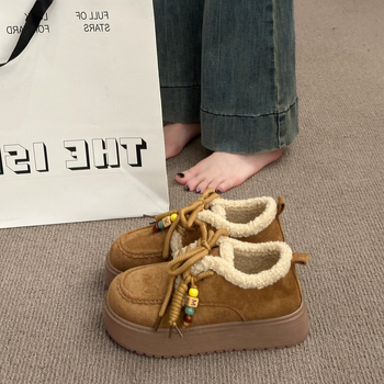 Loafers din piele pentru femei, căptușiți cu fleece, pentru iarnă, talie joasă, vârf rotund, toc de 3-5 cm